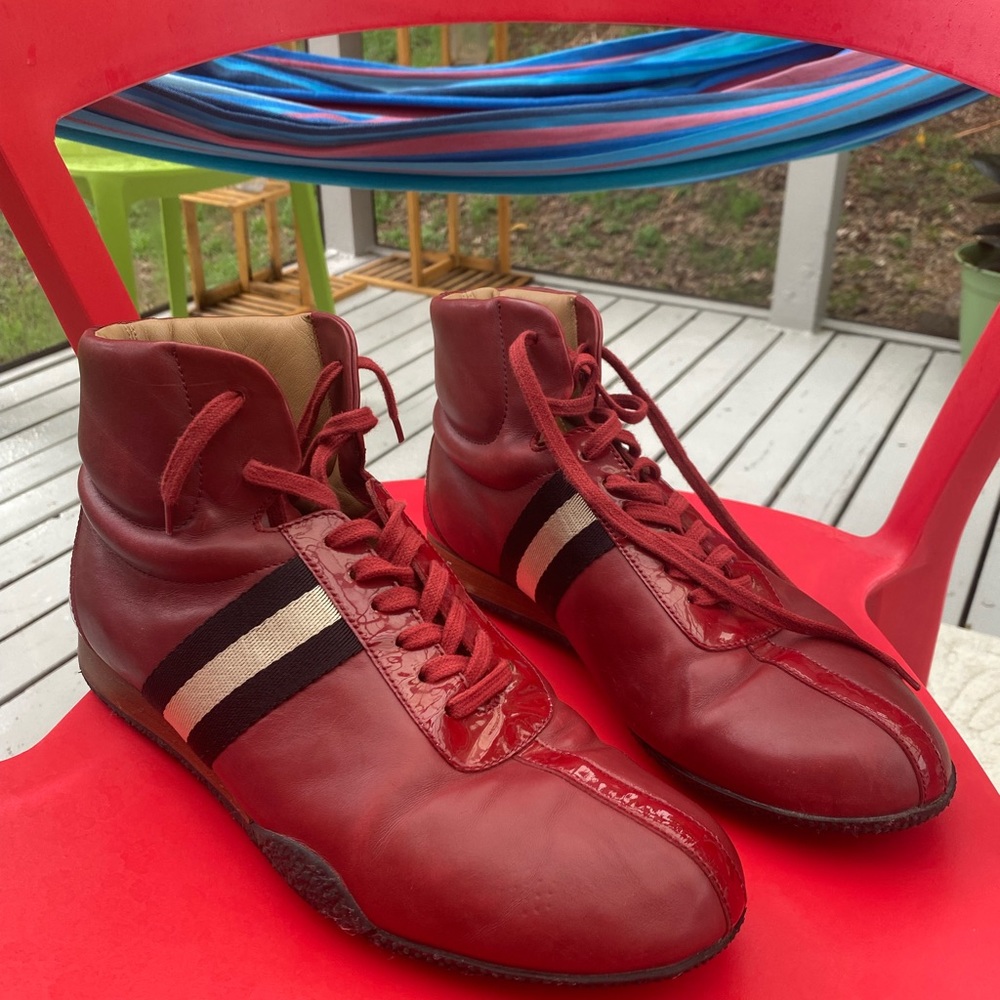 Men’s designer shoes - Bally maroon leather high top sneakers